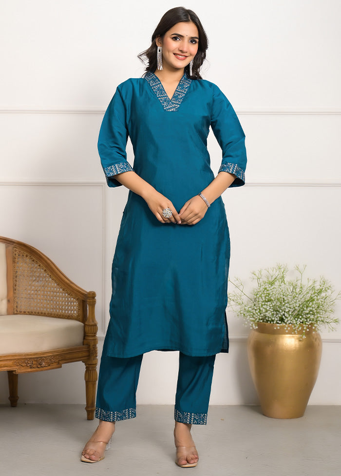 3 Pc Blue Readymade Viscose Dupatta Suit Set Sale With Mastercard