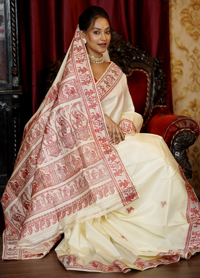 Cream Handloom Baluchari Pure Silk Saree With Blouse Piece Outlet