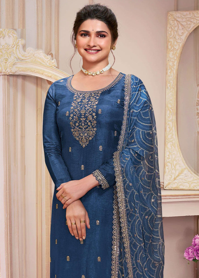 3 Pc Blue Semi Stitched Georgette Suit Set Latest Collections Cheap Pice