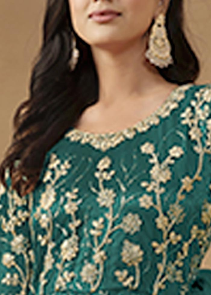 3 Pc Teal Green Semi Stitched Net Suit Set With Mastercard For Sale