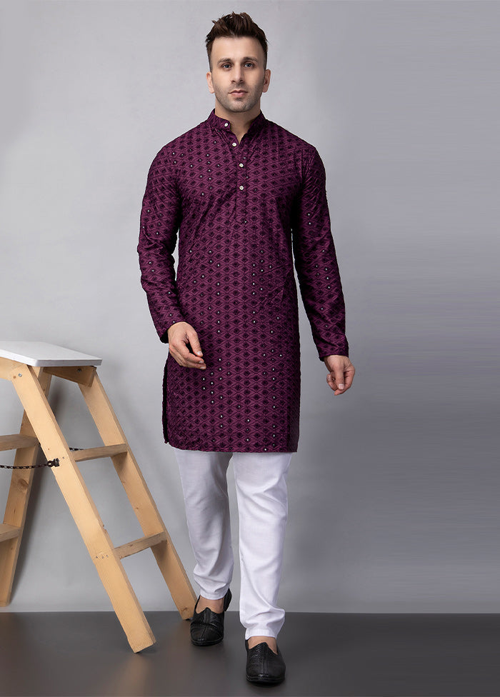 2 Pc Purple Viscose Kurta Pajama Set With Credit Card For Sale