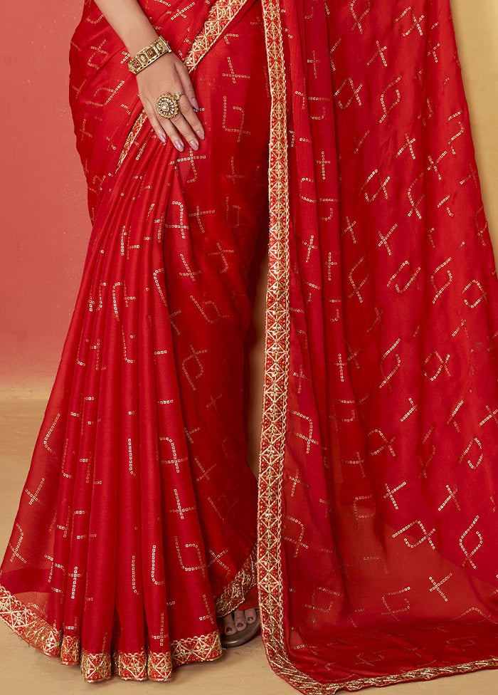 Red Chiffon Silk Saree With Blouse Piece View Cheap Online