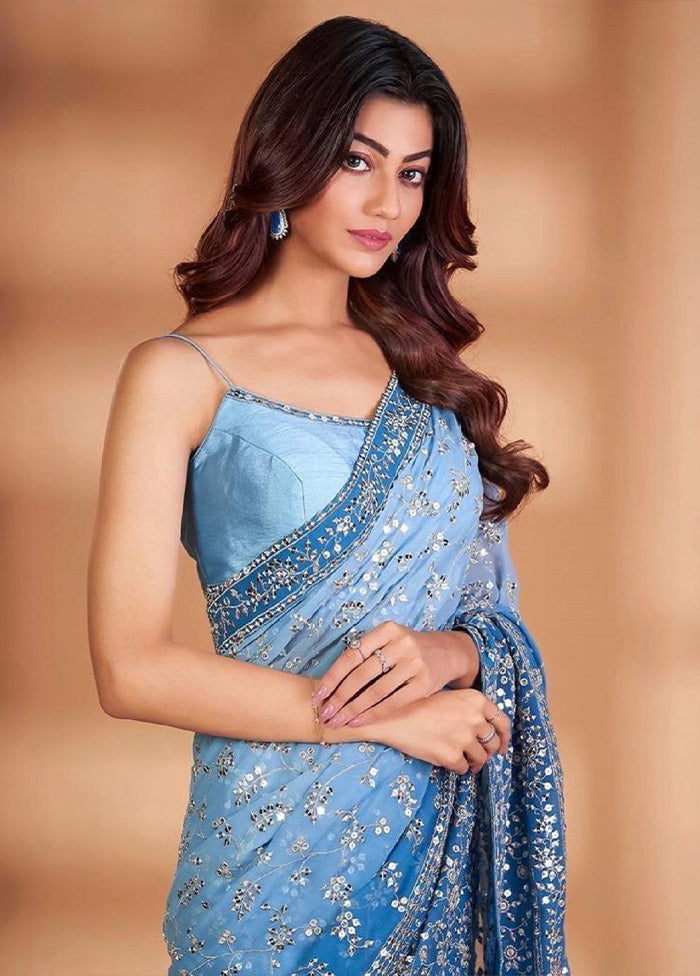 Blue Georgette Saree With Blouse Piece Enjoy For Sale