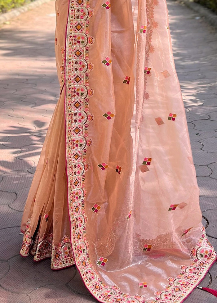 Peach Spun Silk Saree With Blouse Piece Buy Cheap Sast