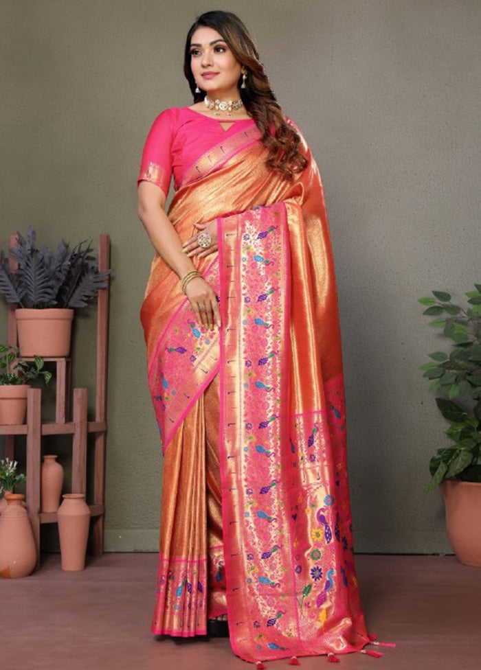 Dark Peach Banarasi Silk Saree With Blouse Piece Sale 2025