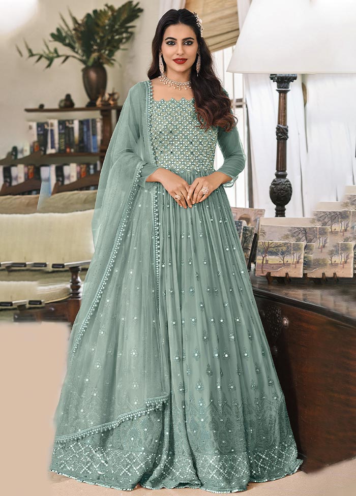 3 Pc Sea Green Semi Stitched Georgette Suit Set Authentic For Sale