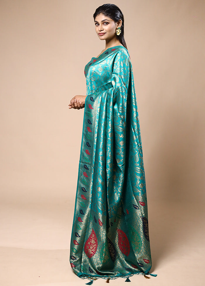 Teal Blue Dupion Silk Saree With Blouse Piece Cheap Wholesale