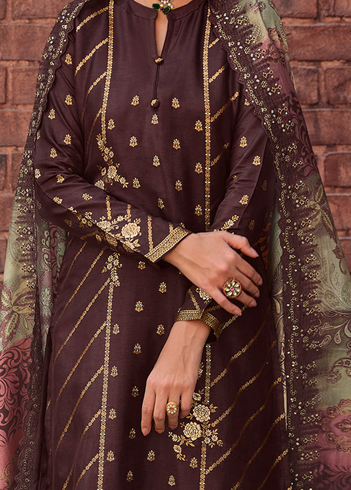 3 Pc Brown Unstitched Silk Suit Set Free Shipping Cheap Pice