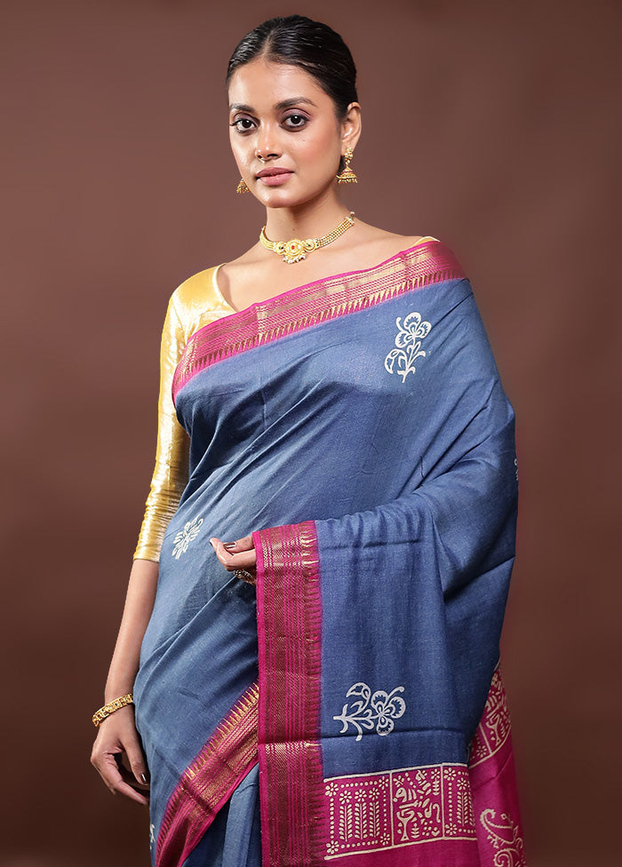 Blue Tussar Silk Saree With Blouse Piece Free Shipping Pick A Best