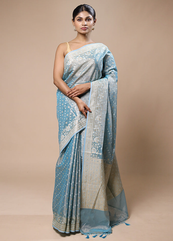 Blue Tissue Silk Saree With Blouse Piece High Quality