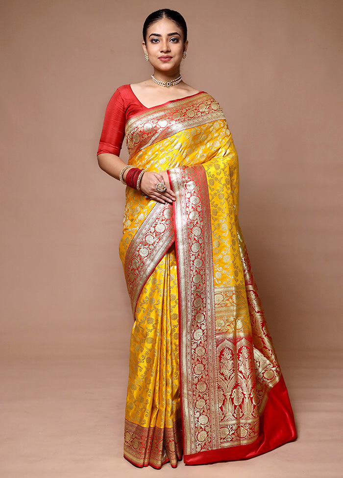 Yellow Handloom Banarasi Pure Silk Saree With Blouse Piece Sale New Styles