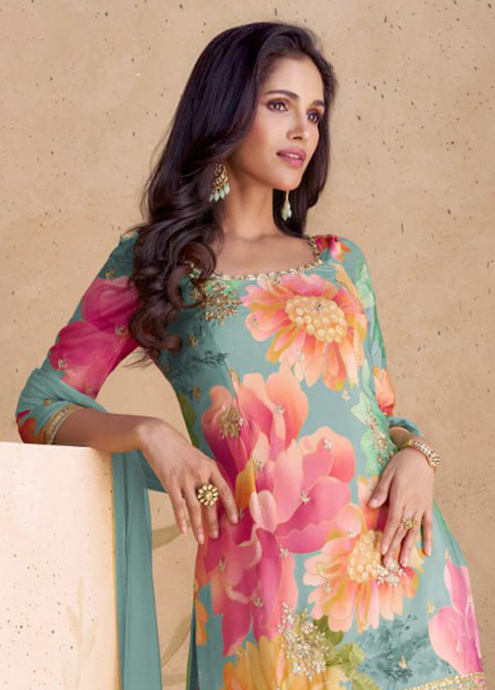 3 Pc Multicolor Semi Stitched Silk Suit Set Sale With Mastercard