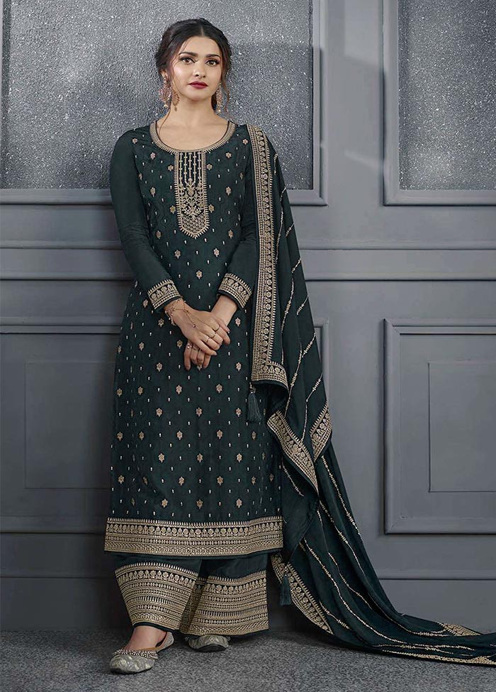 3 Pc Teal Semi Stitched Silk Suit Set Discount Pices