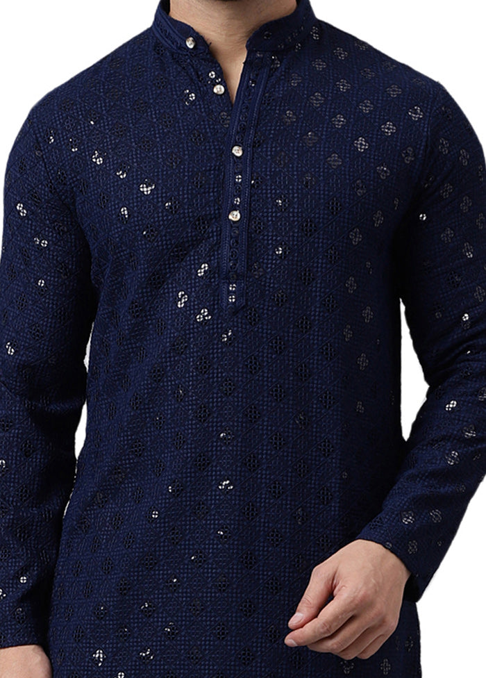 Navy Blue Silk Embroidered Kurta Discount Best