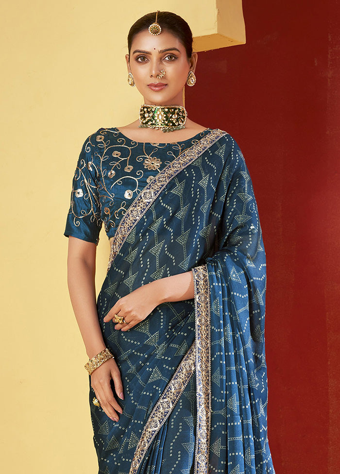 Blue Chiffon Silk Saree With Blouse Piece Cheap Sale 100% Guaranteed