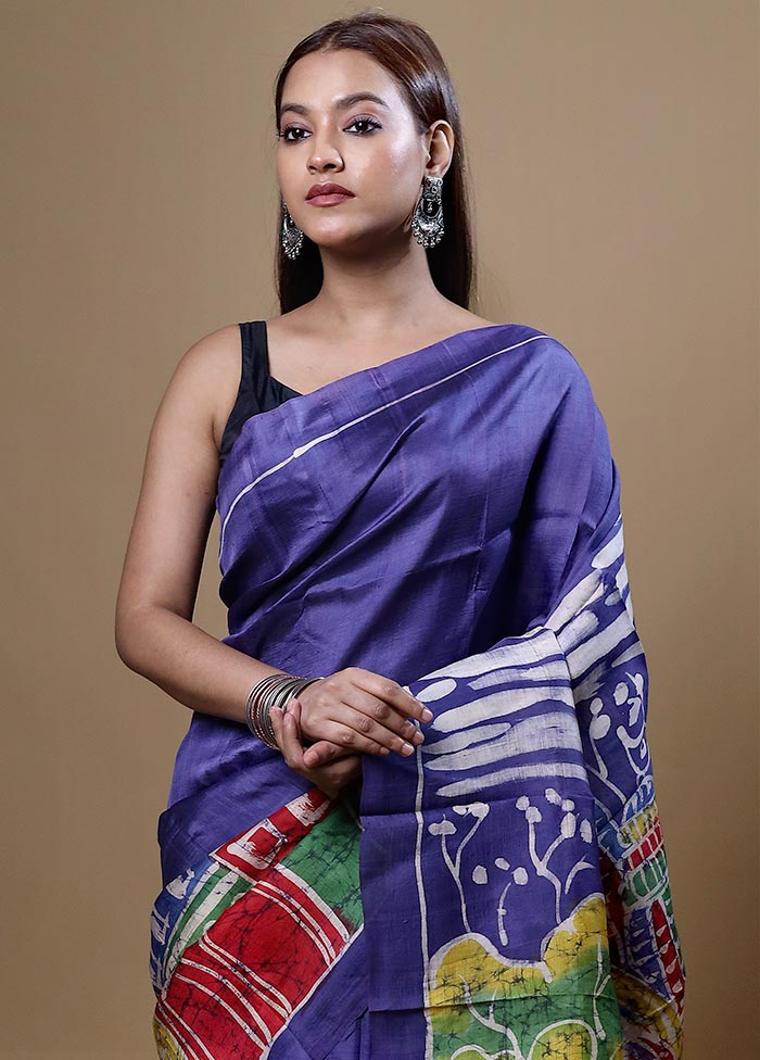 Blue Printed Pure Silk Saree Without Blouse Piece Clearance Manchester Great Sale