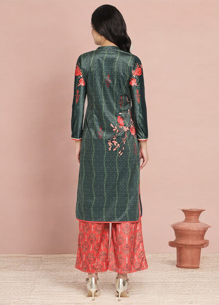 2 Pc Dark Green Readymade Velvet Kurti Set Cheap Wholesale