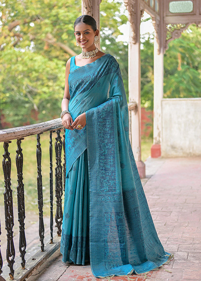 Sky Blue Spun Silk Saree With Blouse Piece Clearance Great Deals