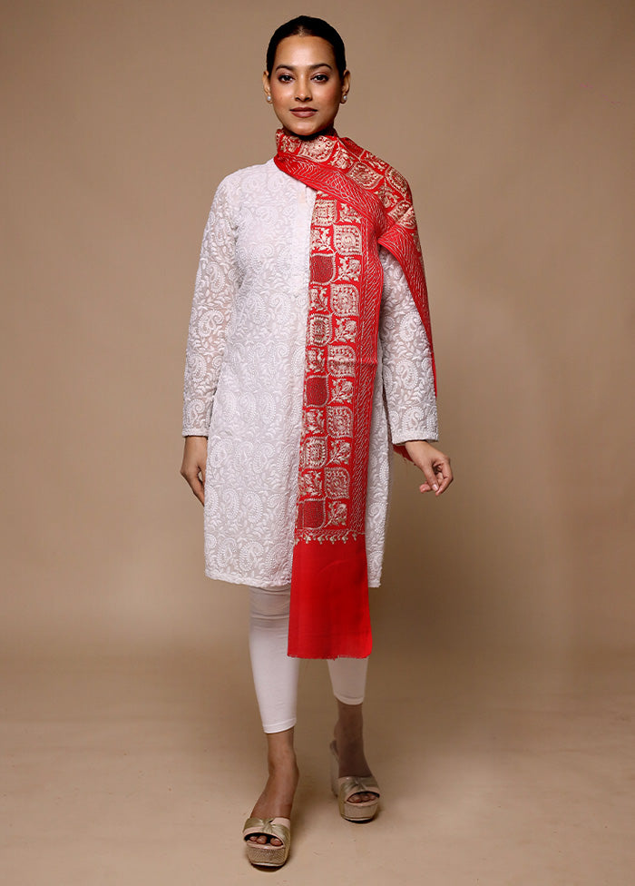 Red Butta Work With Zari Woven Border Shawl Discount Recommend