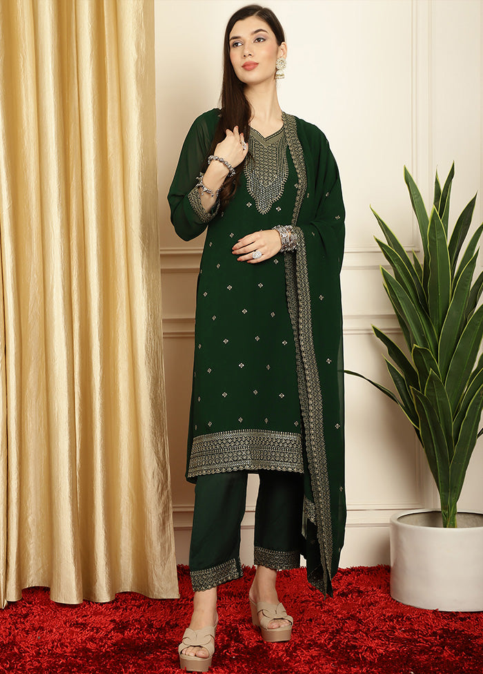 3 Pc Green Readymade Georgette Dupatta Suit Set For Nice Cheap Online