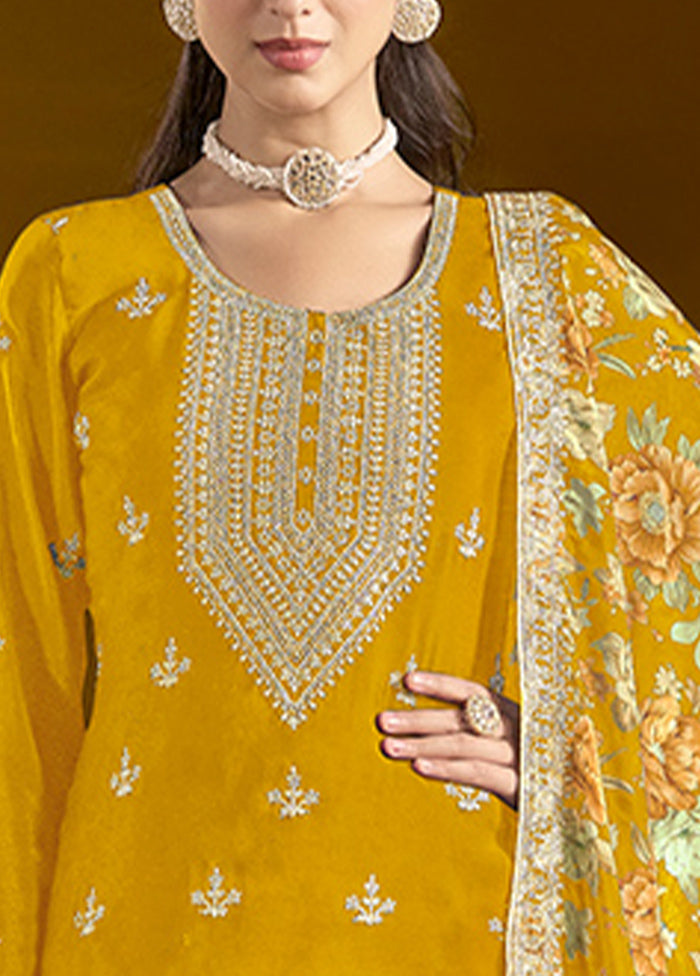 3 Pc Yellow Readymade Silk Dupatta Suit Set Best Wholesale For Sale