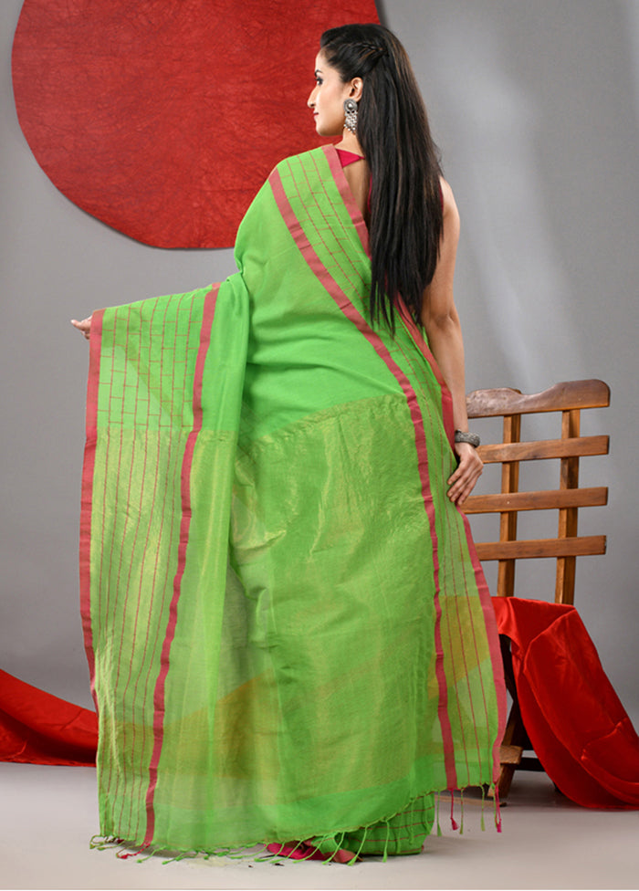 Parrot Green Cotton Saree With Blouse Piece Brand New Unisex