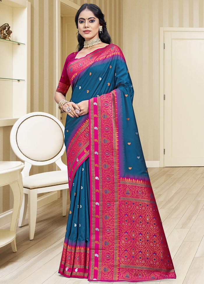 Blue Dupion Silk Saree With Blouse Piece Clearance Visit New