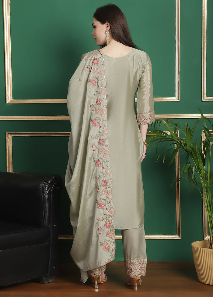 3 Pc Olive Green Unstitched Silk Suit Set Best Sale Online