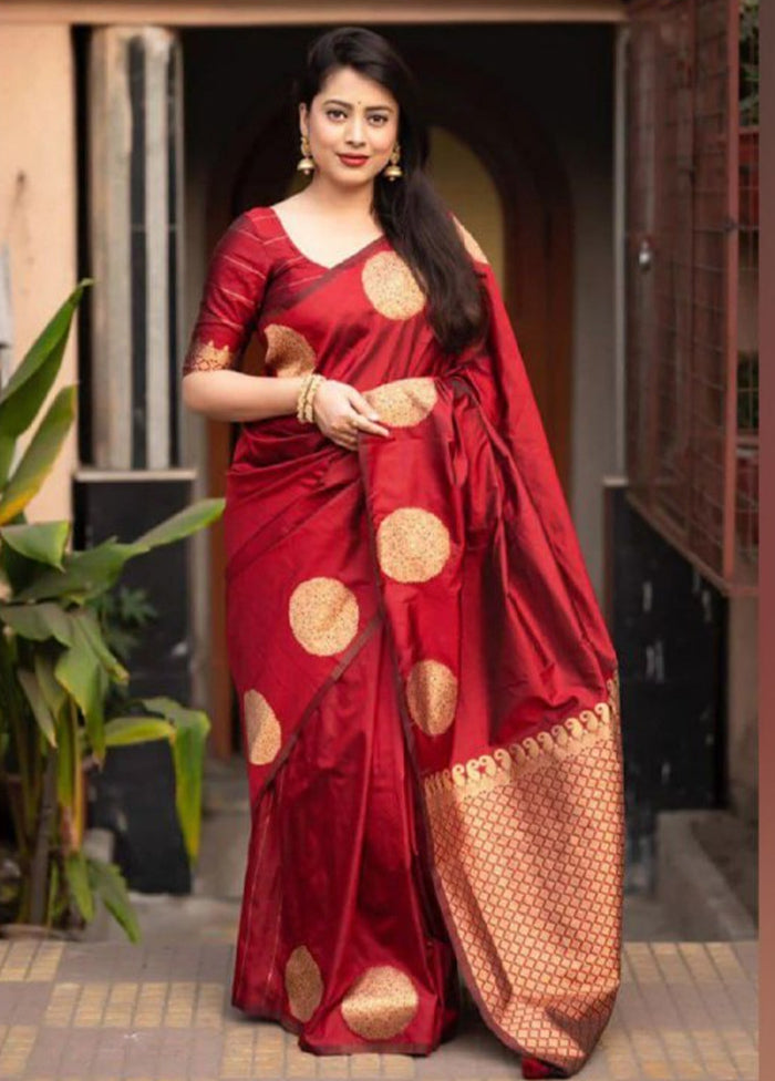 Red Banarasi Silk Saree With Blouse Piece Cheap Sale Popular