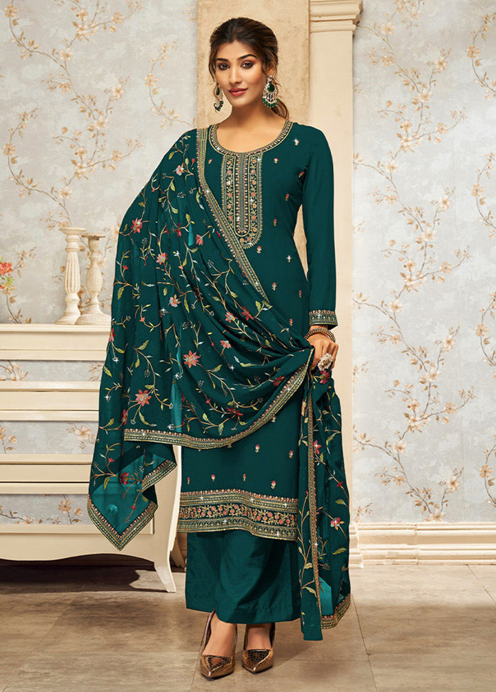 3 Pc Teal Green Semi Stitched Georgette Suit Set 2025 Newest Online