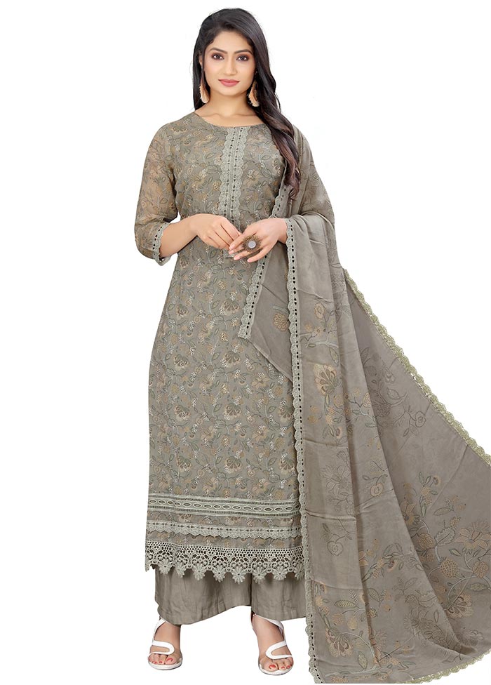 3 Pc Grey Unstitched Georgette Suit Set Cheap 2025 Newest