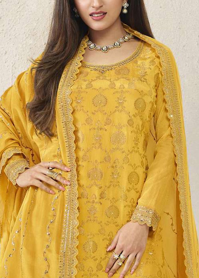 3 Pc Yellow Semi Stitched Viscose Suit Set Countdown Package Cheap Online