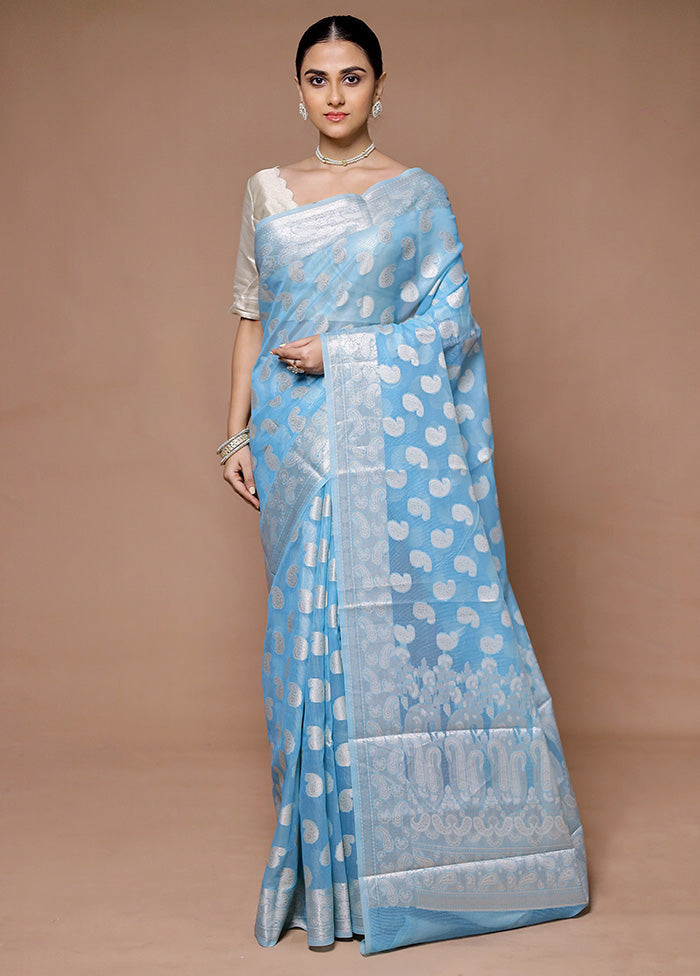 Blue Kora Silk Saree With Blouse Piece Clearance Find Great