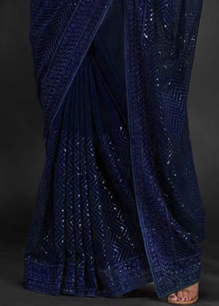 Navy Blue Georgette Saree With Blouse Piece Cheap Cost