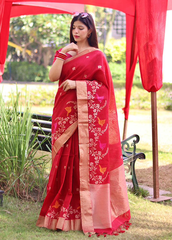 Red Linen Silk Saree With Blouse Piece Free Shipping Cheap Pice