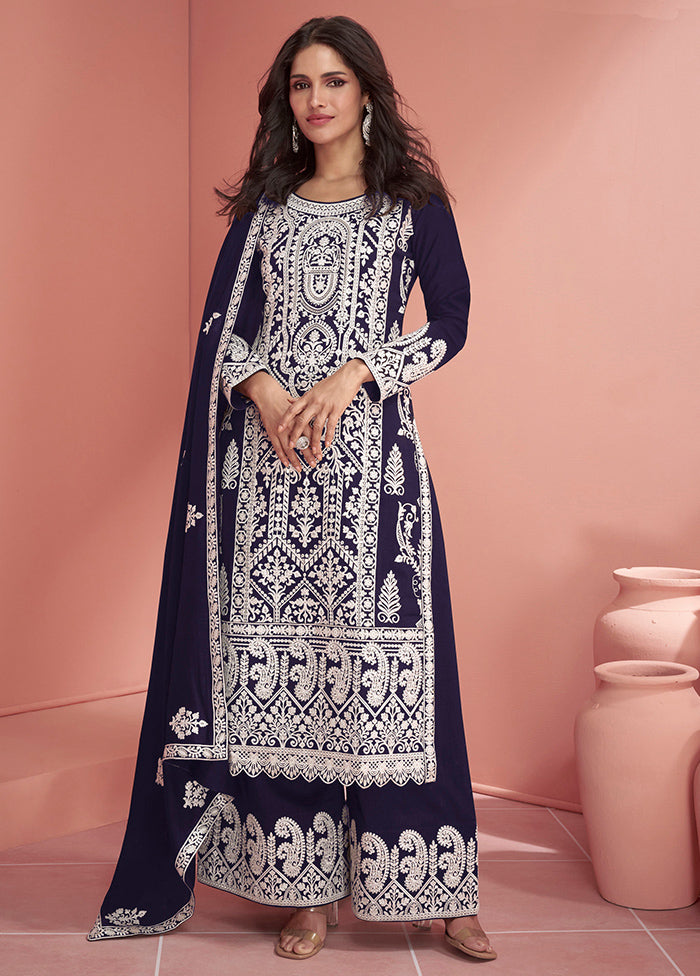 3 Pc Navy Blue Semi Stitched Georgette Suit Set 2025 New Cheap Pice