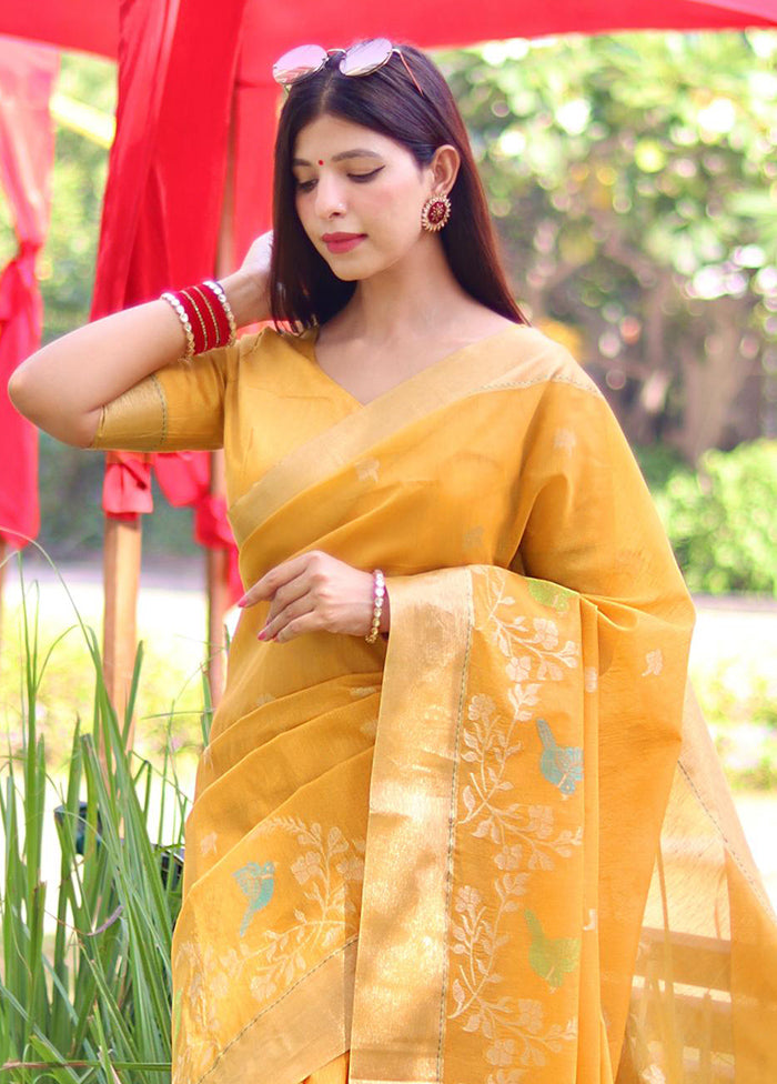 Yellow Linen Silk Saree With Blouse Piece In China