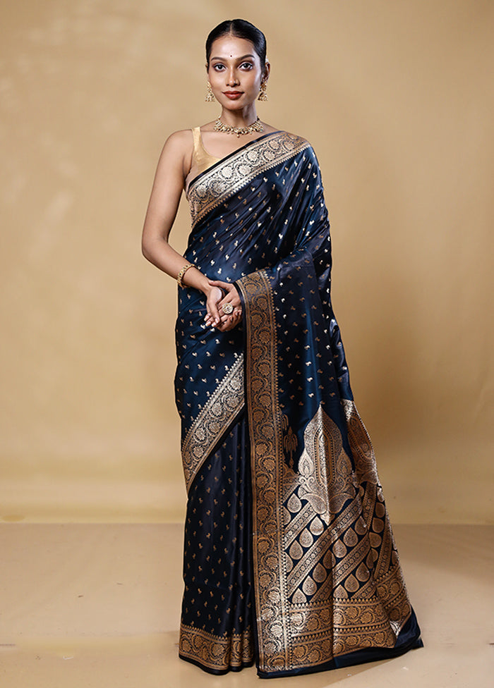 Blue Banarasi Silk Saree With Blouse Piece Official For Sale