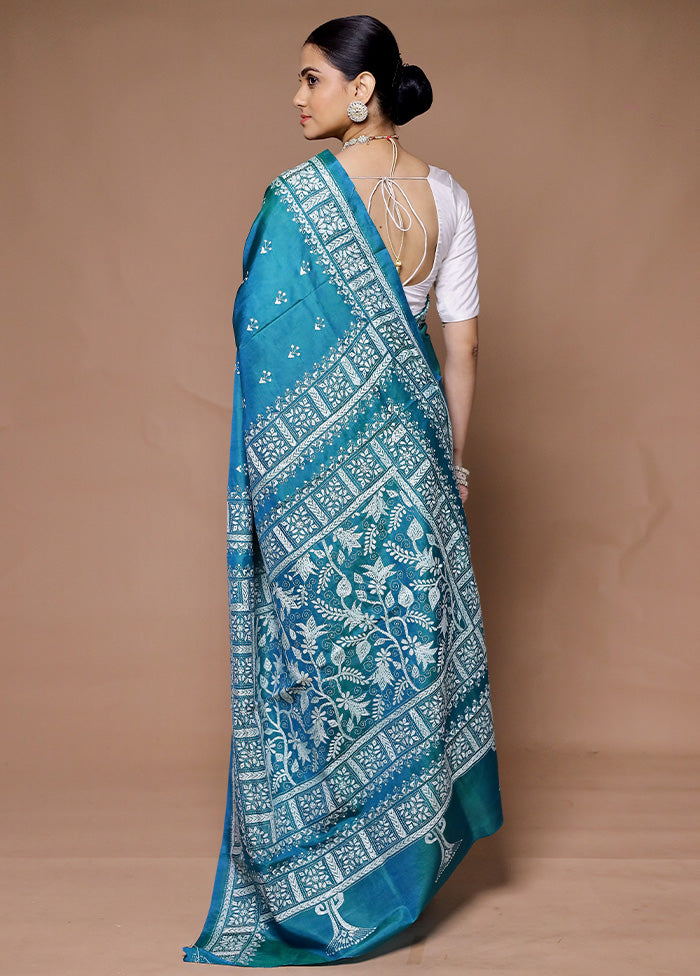 Blue Handloom Kantha Stitch Pure Silk Saree With Blouse Piece Discount View