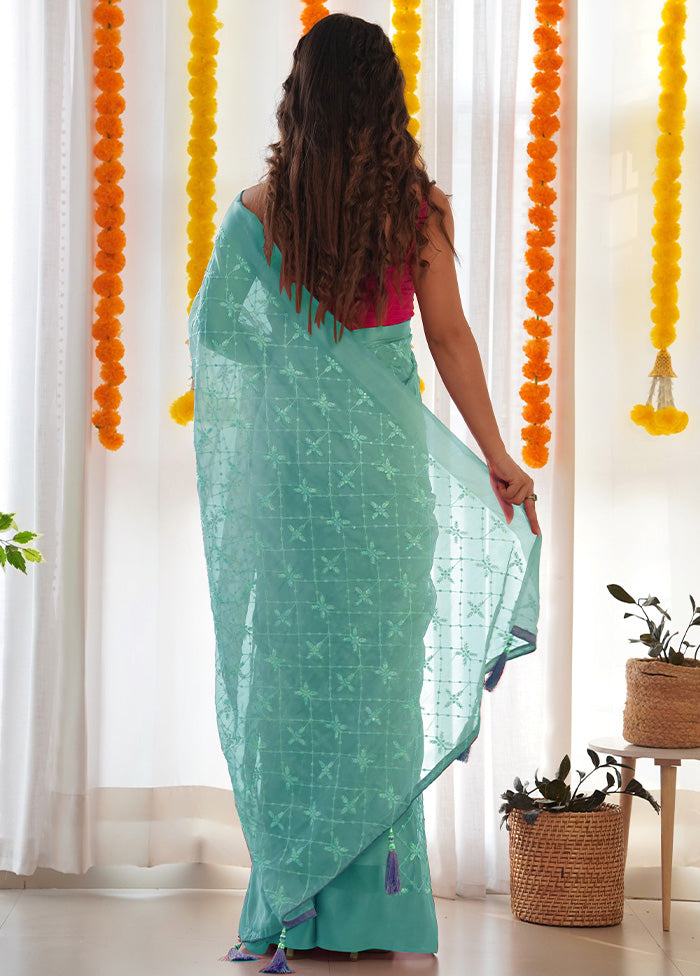 Sea Green Satin Silk Saree With Blouse Piece Cheap Low Pice