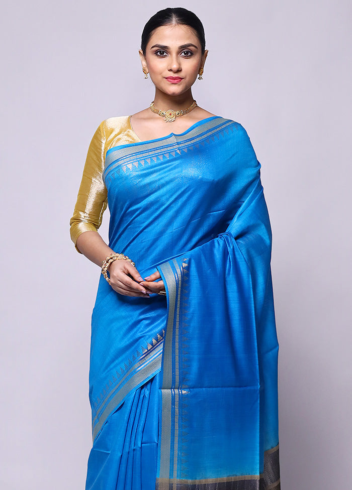 Blue Handloom Tussar Pure Silk Saree With Blouse Piece Clearance High Quality