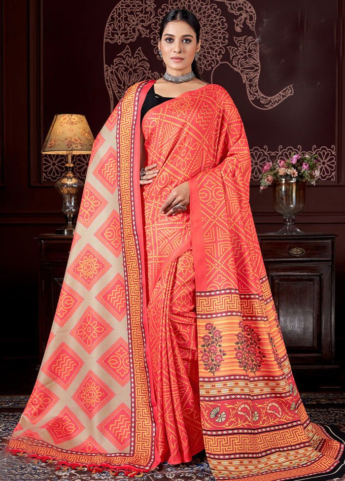 Orange Pasmina Silk Saree With Shawl And Blouse Piece Discount Release Dates