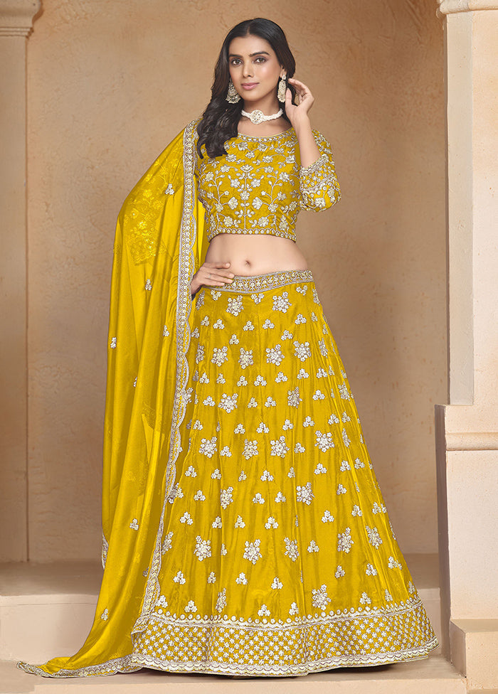 3 Pc Yellow Net Semi Stitched Lehenga Set Cheapest Pice Online