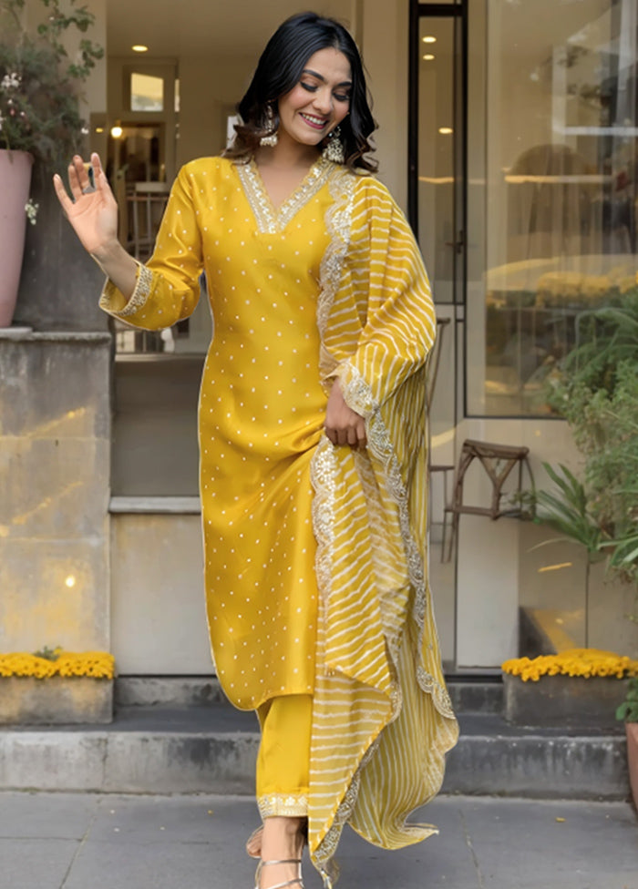 3 Pc Yellow Readymade Silk Suit Set Cheap Sale The Cheapest