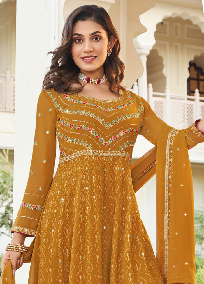 3 Pc Mustard Unstitched Georgette Suit Set Under 70 Dollars