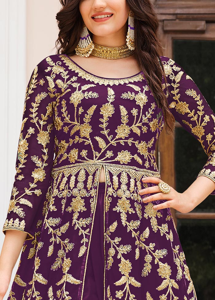 3 Pc Purple Semi Stitched Net Suit Set Fast Delivery For Sale