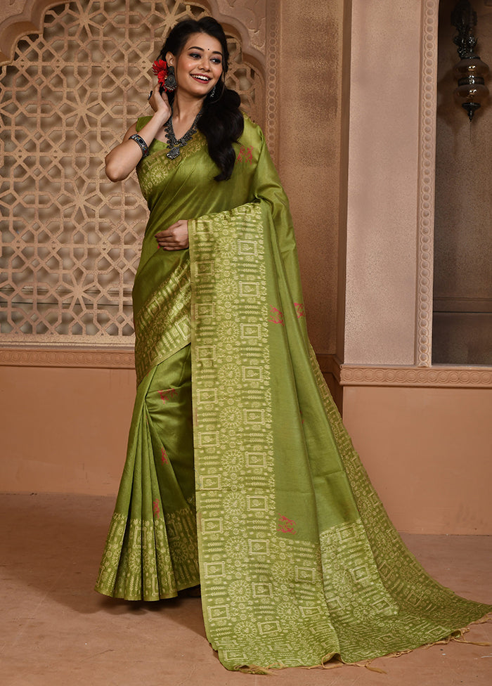 Green Spun Silk Saree With Blouse Piece Pay With Visa For Sale