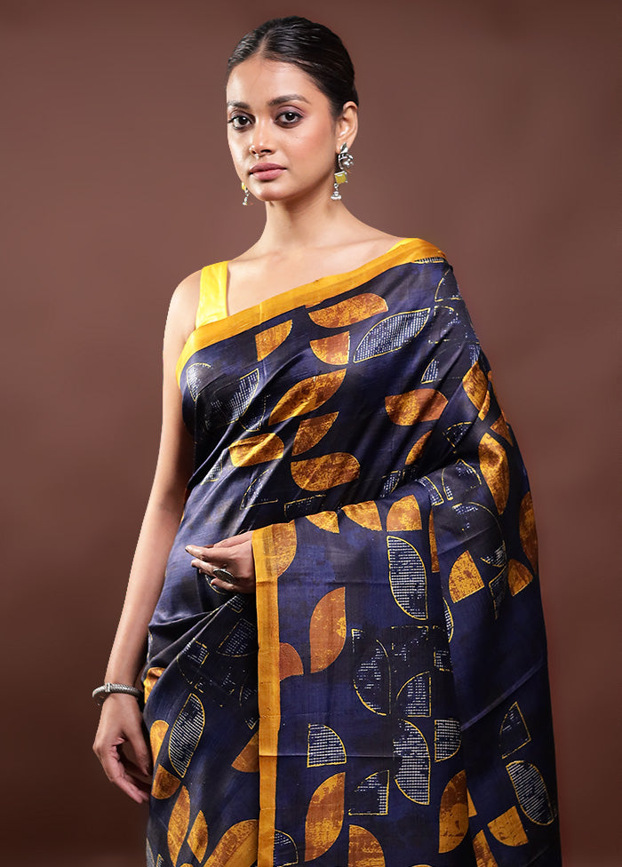 Blue Printed Pure Silk Saree Without Blouse Piece Order Cheap Online