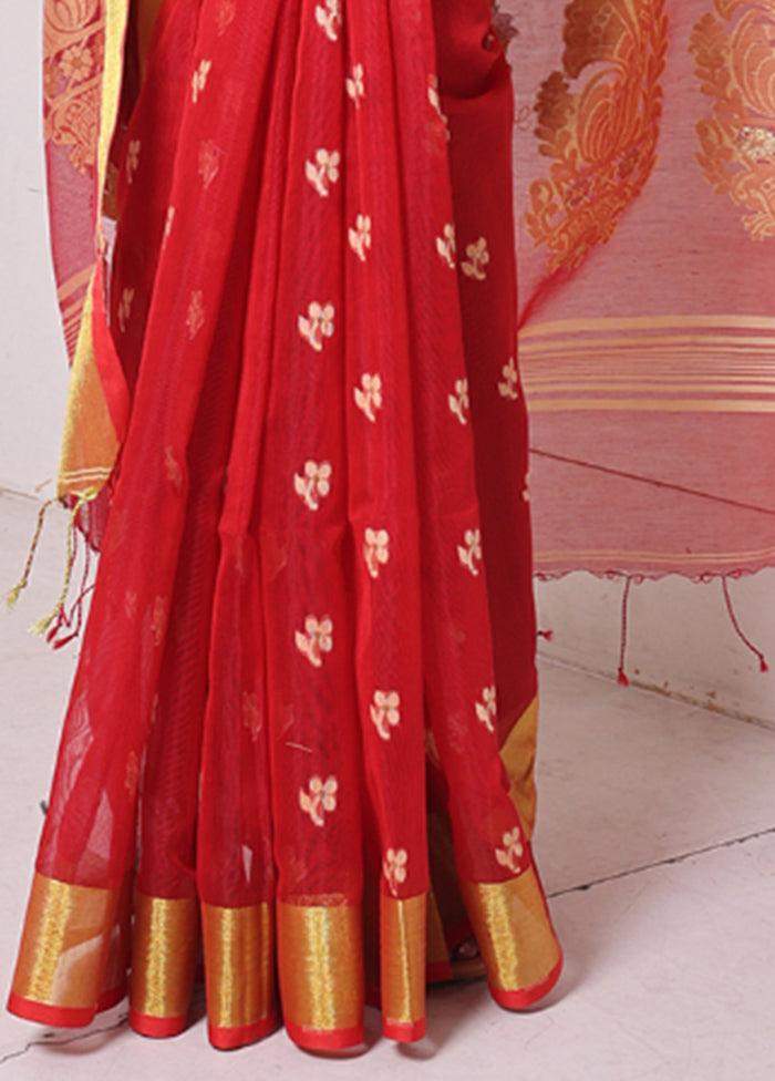 Red Pure Cotton Saree With Blouse Piece Discount Collections