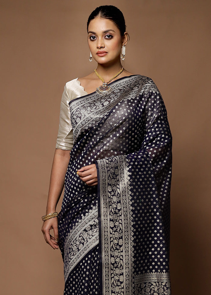 Blue Kora Silk Saree With Blouse Piece Sale With Credit Card